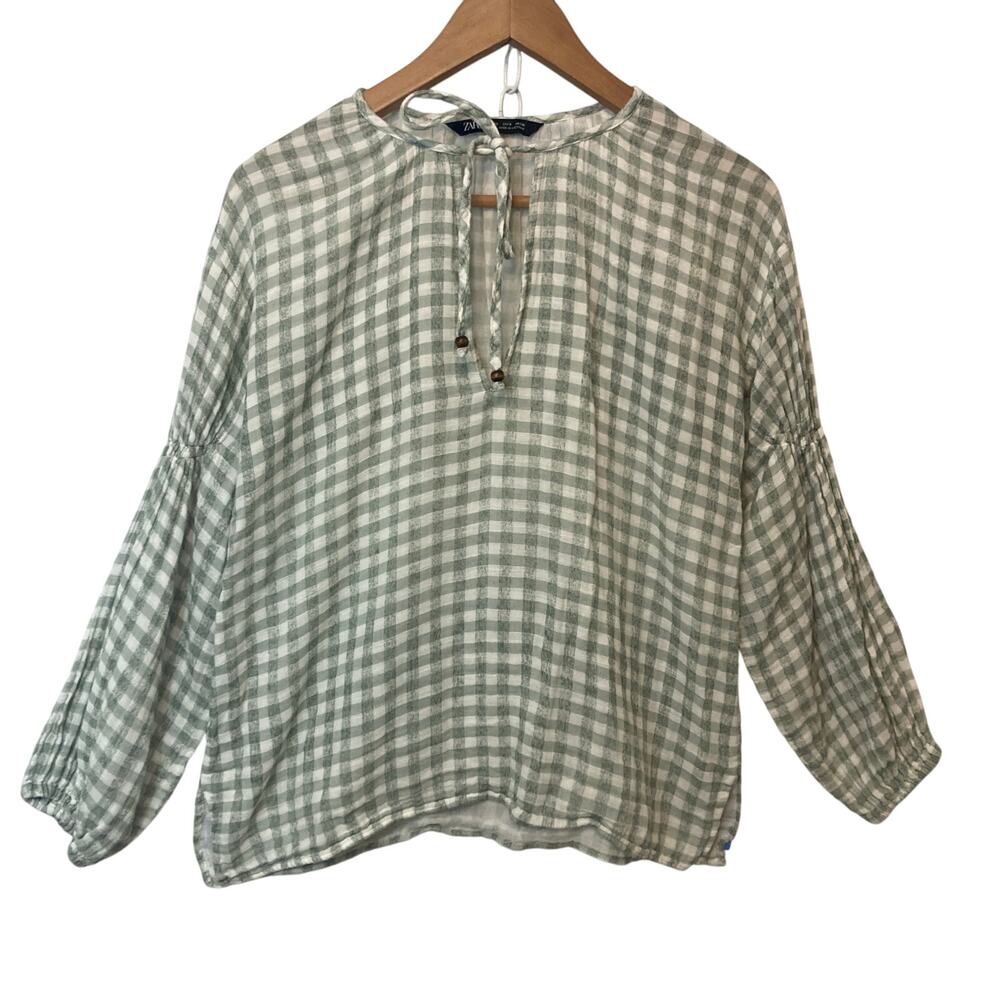 Zara Cottage Green White Gingham Plaid Long Sleeve Key Hole Tie Blouse Top Small